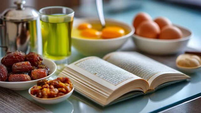 Ramadan breakfast table setting with dates, eggs, and holy book