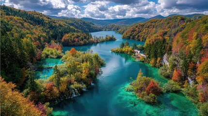 Turquoise Lake Surrounded by Autumnal Forest Canopy in Plitvice Lakes National Park Croatia Under Cloudy Sky