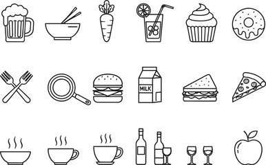 A concise vector set of clean black outline food and beverage icons, featuring fast food, desserts, drinks, and kitchenware, perfect for simple menus, apps, and culinary graphic design.
