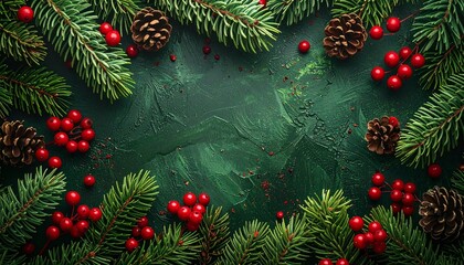 クリスマス背景：モミの木と赤い実と松ぼっくりのフレーム