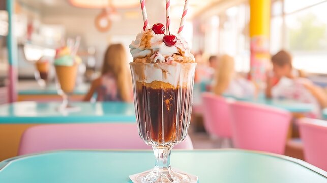 Retro ice cream parlor with special cola floats in vintage glassware complete with cherries and striped straws surrounded by kids enjoying cones booths and pastel colored decor