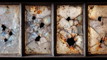 Close Up View of Corroded Metal Panels with Bullet Holes Against a Black Background Showing Texture and Decay