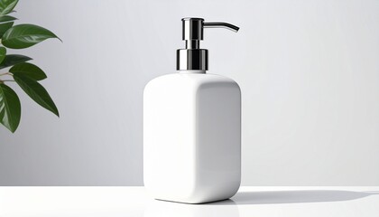 Obraz premium “White cylindrical pump dispenser bottle with metallic pump top on clean white surface against light gray background”