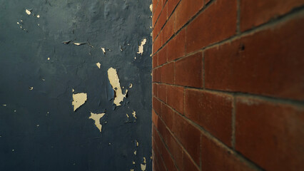 Walls with peeling and damaged black paint surfaces. Half a red brick wall