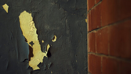 Walls with peeling and damaged black paint surfaces. Half a red brick wall