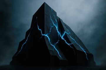Dark cybernetic mountain peak with glowing blue electric veins and mist