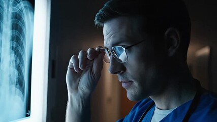 Male radiologist doctor examining chest x-ray film on light box in dark medical room for diagnosis - Powered by Adobe