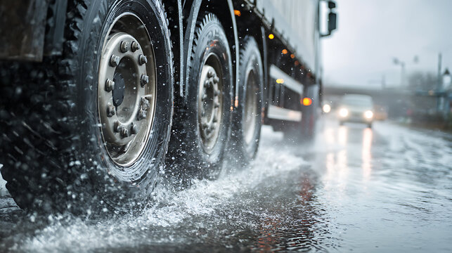 Heavy truck tires splashing through a flooded road in wet conditions, showcasing transportation challenges and the impact of bad weather on commercial vehicles.