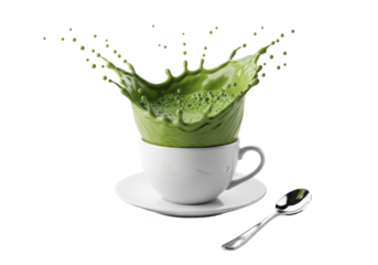 hyperrealistic cgi of a dynamic emerald green matcha tea splash, sculpted into a perfect crown, frozen mid-air above a white teacup on an infinity cove background. Concept for premium beverage
