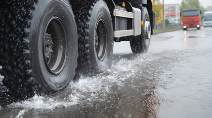 Truck tires churn through a rain-soaked road. Water sprays outward as the vehicle advances, leaving splashes and wakes on the slick, glistening asphalt, depicting resilience and power.