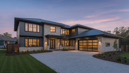 Naklejka premium Modern luxury residence with stone and dark siding exterior at twilight