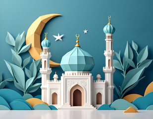 Mosque and crescent moon for eid mubarak concept with origami view