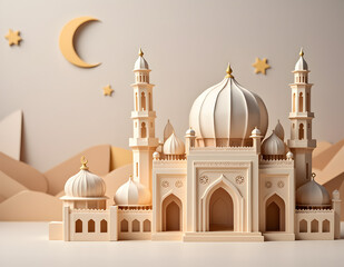 Mosque and crescent moon for eid mubarak concept with origami view