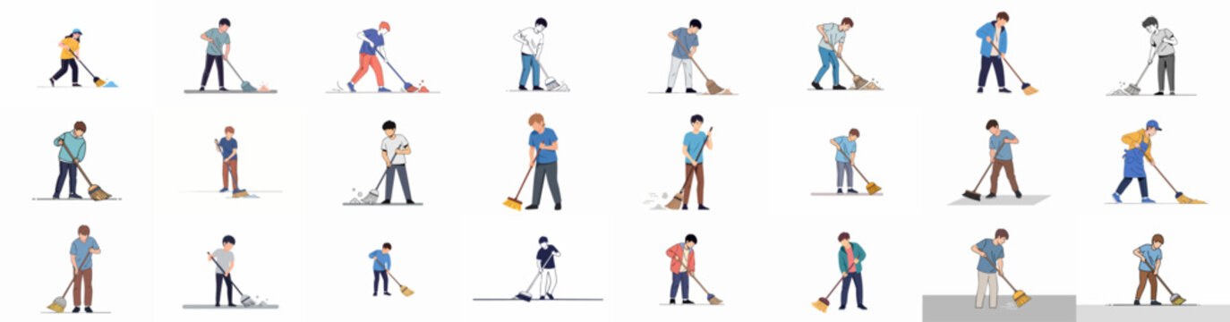 Collection of people sweeping floors with brooms, various characters cleaning up dirt and dust illustration set.