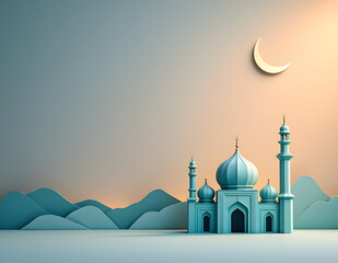 Mosque and crescent moon for eid mubarak concept with origami view