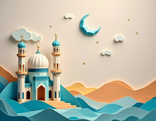 Mosque and crescent moon for eid mubarak concept with origami view