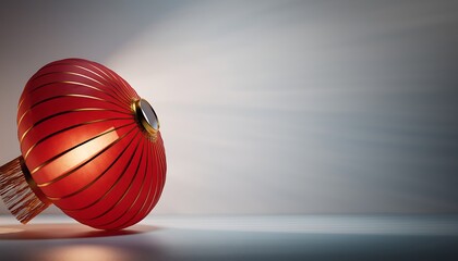 Minimalist red Chinese lantern emitting soft warm light from the side of the composition, elegant festive atmosphere with a wide blank central area for copy space