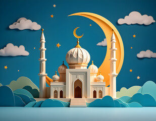 Mosque and crescent moon for eid mubarak concept with origami view