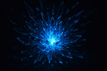 Abstract glowing blue ice crystal burst with sharp shards on black background