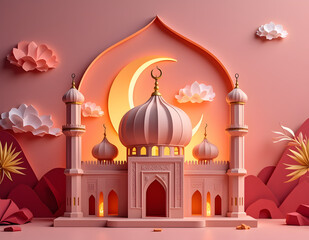 Mosque and crescent moon for eid mubarak concept with origami view