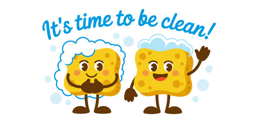 Two cheerful cartoon sponges encourage cleanliness with bright colors and friendly expressions, making cleaning a fun and engaging activity for children and families.