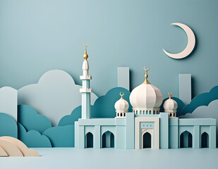 Mosque and crescent moon for eid mubarak concept with origami view