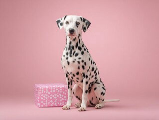 Cute Dalmatian dog sitting next to a pink gift box for Valentine's Day celebration. Romantic love concept with a spotted pet animal on a pink background for holiday greeting cards and gifts and decor.
