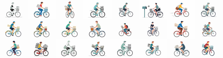 Fototapeta premium A comprehensive vector collection of paper boys and delivery men riding bicycles, transporting newspapers in various styles and colors.