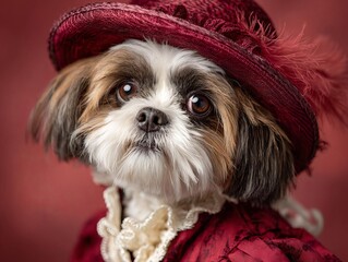 Adorable Shih Tzu dog wearing a vintage Victorian costume with a burgundy feathered hat and lace collar for a romantic Valentine holiday gift background, cute pet animal portrait in red tones.