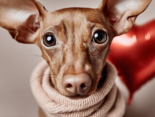 Adorable brown dog wearing a cozy beige knit scarf posing for Valentine's Day with a red heart balloon background, cute pet portrait for romantic holiday celebration and animal love concept.