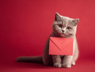 Adorable grey british shorthair kitten holding a red valentine envelope with heart on a red background for love holiday celebration romantic greeting card concept and pet gift message delivery