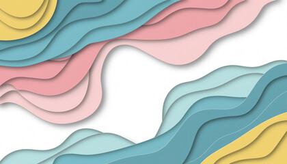 Abstract paper cut art background with colorful pastel wavy layers. 3D paper craft style texture with pink, blue, and yellow curves. Minimalist design with copy space.