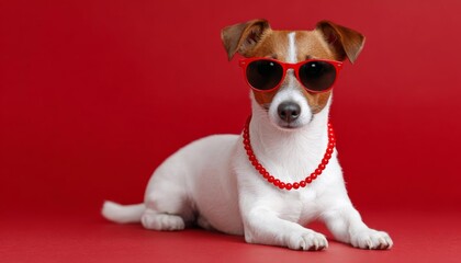 Cute Jack Russell Terrier dog wearing red sunglasses and a bead necklace for Valentine's Day. Romantic pet portrait on a red background, perfect for holiday gifts, love cards.