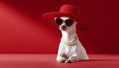 Adorable white chihuahua dog wearing a stylish red hat heart shaped sunglasses and pearl necklace for valentine holiday celebration on a vibrant red background with copy space for love gift.