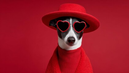 Adorable Valentine dog wearing red hat and heart sunglasses for love holiday celebration. Cute pet animal in romantic outfit posing against red background for gift card and fashion concept.