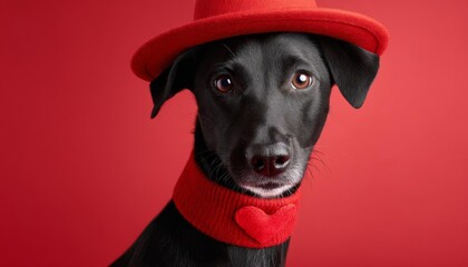 Adorable black dog wearing a stylish red hat and knitted collar with a heart for Valentine's Day. Romantic pet portrait on a red background, perfect for holiday gifts, cards, and animal love themes.
