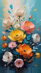 Expressive floral oil painting with orange, pink, white, yellow, and blue flowers. Impasto brushstrokes, dreamy turquoise and teal background, soft pastel tones. Abstract, contemporary. Wallart