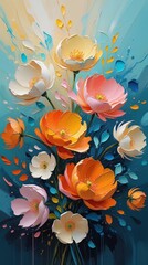 Expressive floral oil painting with orange, pink, white, yellow, and blue flowers. Impasto brushstrokes, dreamy turquoise and teal background, soft pastel tones. Abstract, contemporary. Wallart