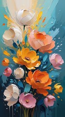 Expressive floral oil painting with orange, pink, white, yellow, and blue flowers. Impasto brushstrokes, dreamy turquoise and teal background, soft pastel tones. Abstract, contemporary. Wallart