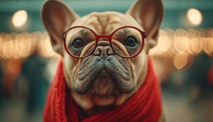Adorable French Bulldog Wearing Red Glasses and Scarf for Valentine's Day Holiday Celebration, Cute Pet Portrait with Romantic Bokeh Background for Love and Gift Concepts, Funny Animal Fashion