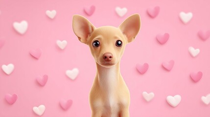 Adorable Chihuahua Dog Portrait on Pink Background with Hearts for Valentine's Day Celebration. Cute Small Puppy Pet Animal with Romantic Love Theme for Holiday Greeting Card and Gift Design.
