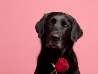 adorable black labrador retriever dog holding a red rose in its mouth for valentine's day celebration on a pink background romantic pet portrait for love holiday greeting card and gift concept.