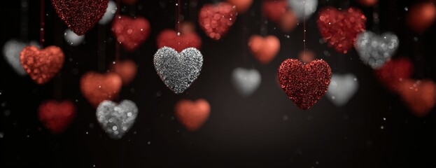Hanging shiny hearts in red and silver colors on dark background, Valentine's day concept