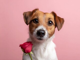 Adorable Jack Russell Terrier dog with a red rose for Valentine's Day celebration. Cute pet animal portrait on pink background representing love, romance, and holiday gift for a special date.