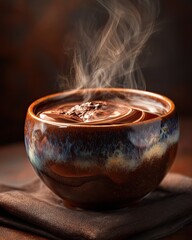 Artisan hot cocoa with steam in rustic ceramic cup, premium chocolate drink, dark cozy atmosphere
