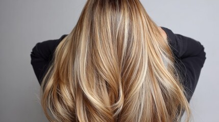Naklejka premium Long straight female hair with stylish balayage color transition, smooth flowing strands, healthy shine, and professional salon styling, representing modern beauty, hair care, and fashion aesthetics