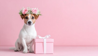 Adorable Jack Russell Terrier dog wearing a pink flower crown sitting next to a gift box for Valentine's Day or birthday celebration. Cute pet portrait on romantic pink background with copy space.