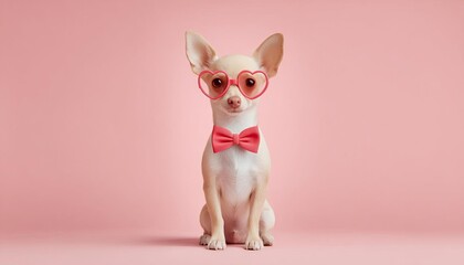 Adorable Chihuahua dog wearing pink heart shaped glasses and red bow tie for Valentine's Day celebration. Cute pet animal portrait on pink background for romantic holiday gift and love concept.