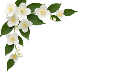 Pure white floral corner frame with jasmine flowers and glossy green leaves, high realism, clean botanical composition, soft shadows only, transparent background