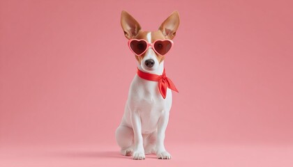 Cute dog wearing heart shaped sunglasses and red scarf for valentine day celebration on pink background romantic pet portrait for love holiday gift card & animal fashion concept.